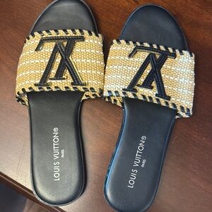 LV Black and Tan Sandals with Woven Strap